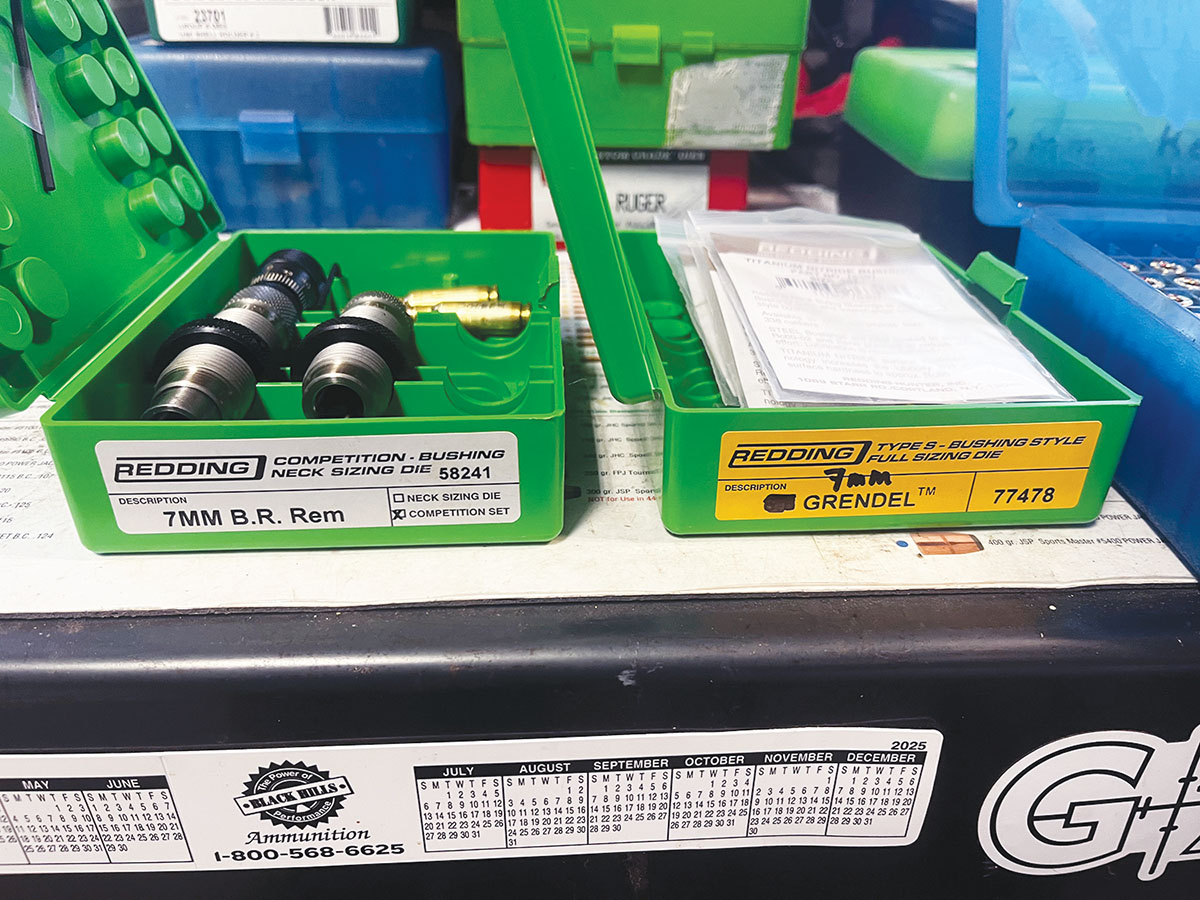 Loading the 28 York required gathering some Redding dies, including a 7mm B.R. Rem Seating die and a 6.5 Grendel Type S Bushing Style Full Sizing Die with Titanium Nitride Bushings.